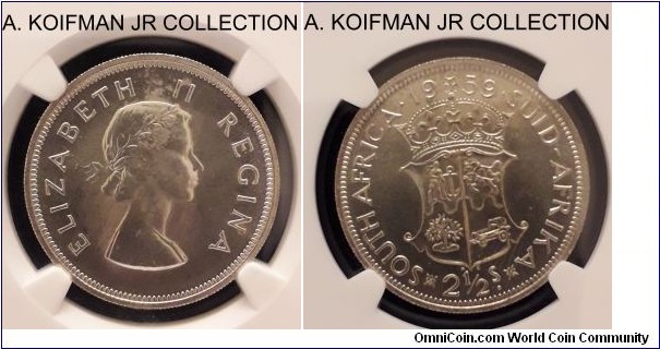 KM-51, 1959 South Africa 2 1/2 shilling; silver, reeded edge; late Elizabeth II, one of the smallest mintages of EII coinage at 46,000 and and scarcer than 1960, NGC graded MS 63 (#2806399-014) although coin has a proof look and light obverse toning.