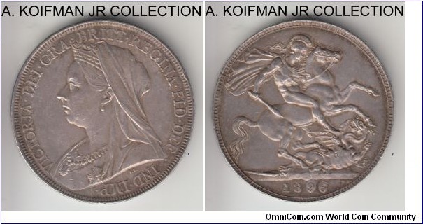KM-783, 1896 Great Britain crown; silver, lettered edge; Victoria, LX regnal year, pleasantly toned extra fine coin.
