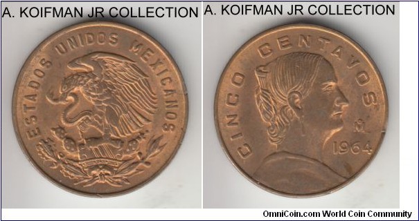 KM-426, 1964 Mexico 5 centabos; brass, plain edge; Josefa Ortiz de Domínguez , circulation strike, lightly toned uncirculated.
