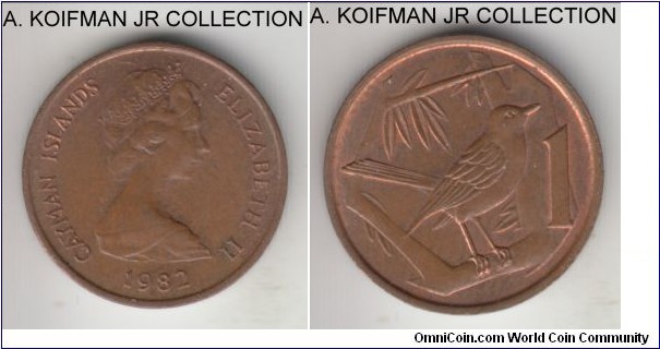 KM-1, 1982 Cayman Islands cent; bronze, plain edge; Elizabeth II, common circulation coinage, light brown almost uncirculated.