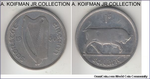 KM-6, 1930 Ireland shilling; silver, reeded edge; Irish Free State, scarcer year, fine or so and cleaned.