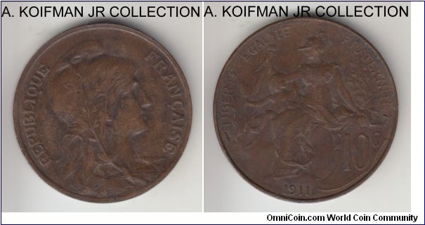 KM-843, 1911 France 10 centimes; bronze, plain edge; Liberty and Republic protecting the child, brown extra fine or almost.