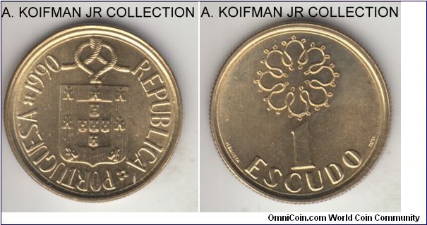 KM-631, 1990 Portugal escudo; nickel-brass, reeded edge; last pre-euro type, bright uncirculated.