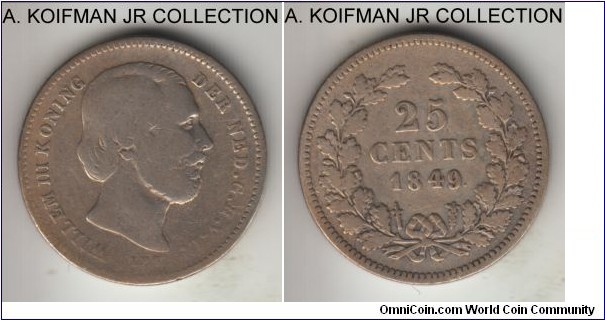 KM-81, 1849 Netherlands 25 cents; silver, reeded edge; Willem III, scarcer type, well circulated very good to fine with obverse heavier wear.