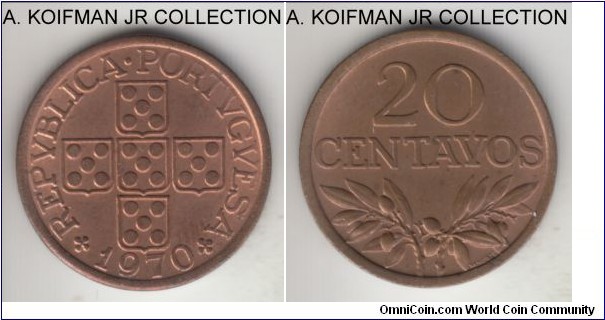 KM-595, 1970 Portugal 20 centavos; bronze, plain edge; red (obverse) and red-brown (reverse) uncirculated.