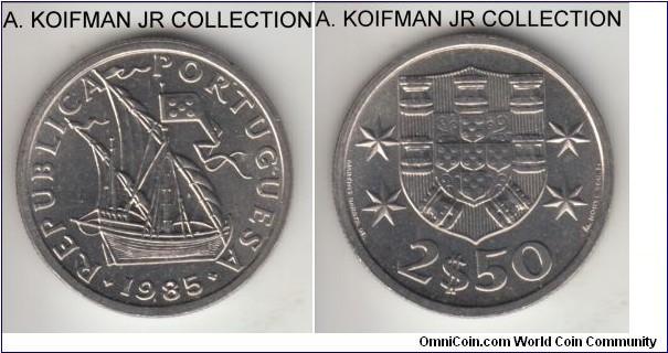 KM-590, 1985 Portugal 2 1/2 escudos; copper-nickel, reeded edge; last year of the type, seems to be a thin date variety, common, bright uncirculated.
