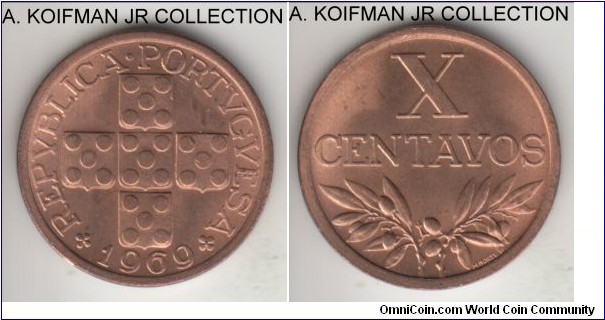 KM-583, 1969 Portugal 10 centavos; bronze, plain edge; last year of the large bronze type before being replaced by the aluminum type the same year, red uncirculated.