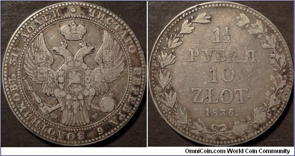 AR 1.5 Roubles / 10 Zlot, Russia/Poland, 1836 WM