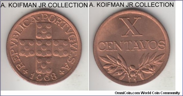 KM-583, 1968 Portugal 10 centavos; bronze, plain edge; large bronze type, bright red uncirculated.