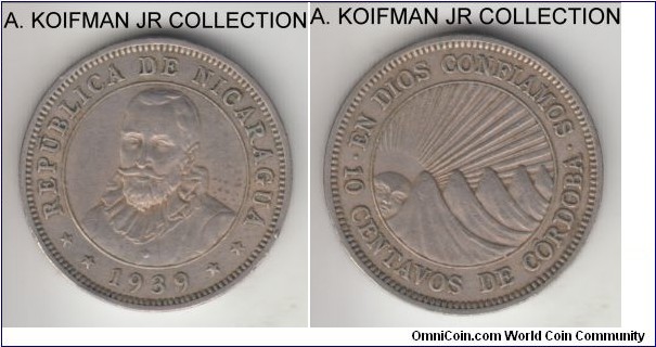 KM-17.1, 1939 Nicaragua 10 centavos; copper-nickel, lettered edge BNN; extra fine or so.