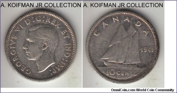 KM-34, 1940 Canada 10 cents; silver, reeded edge; George VI war time, good fine to about very fine.