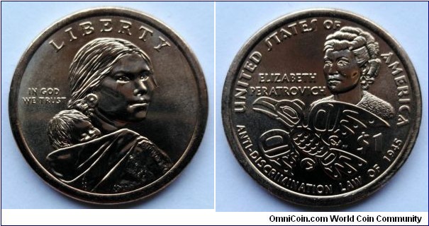 1 dollar (Native American Dollar) 2020, Elizabeth Peratrovich and the 1945 Anti-Discrimination Law by the Alaskan territorial government.