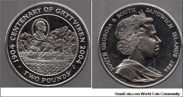 £2 Centenary of the Founding of Grytviken.  A cameo of Captain Carl Anton Larson & the ship Louise