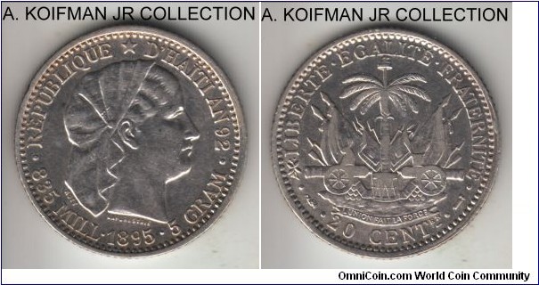 KM-45, 1895 Haiti 20 centimes; silver, reeded edge; Liberty head, last year of the type, good very fine to almost extra fine details, cleaned.
