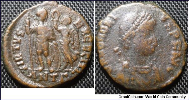 384–423 Honorius, AE3. VIRTVS-EXERCITI, Emperor standing left, holding spear &  shield. Victory, crowns him with a wreath. DN HONORI-VS PF AVG, pearl-diademed, draped and cuirassed bust right. ANTT In Ex, Mint-Antioch