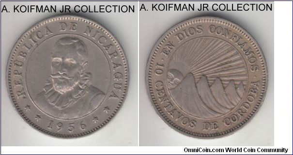 KM-17.1, 1956 Nicaragua 10 centavos; copper-nickel, BNN lettered edge; nicer grade, light toned extra fine to good extra fine.