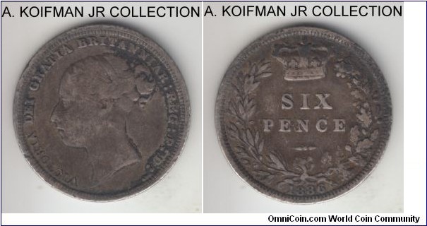 KM-757, 1886 Great Britain 6 pence; silver, reeded edge; first Victoria portrait, darker toned good fine.