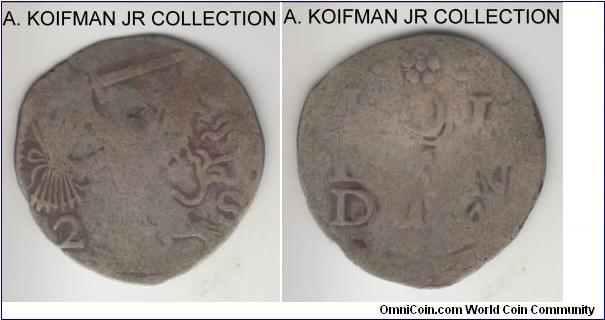 KM-27, 16xx Hollandia (Dutch Republic province) 2 stuivers; silver; scarcer early type, minted between 1614 and 1670, exact date not visible, good or about.