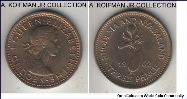 KM-3, 1962 Rhodesia & Nyasaland 3 pence; copper-nickel, plain edge; Elizabeth II, lightly toned uncirculated.