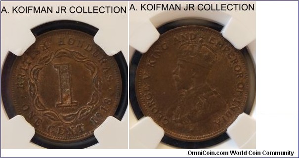 KM-19, 1918 British Honduras cent; bronze, plain edge; George V, one of the scarcest years with mintage of 40,000, NGC graded MS 62 BN.