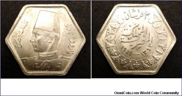 Egypt 2 piastres.
1944, King Farouk I. Ag 500.