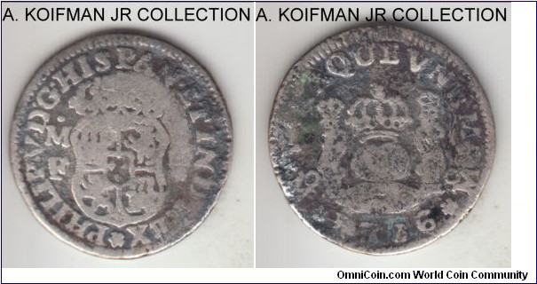 KM-65, 1736 Mexico 1/2 real; silver; Philip V, well circulated, some deposits still.