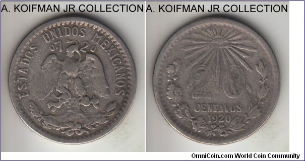 KM-438, 1920 Mexico 20 centavos, Mexico mint (M mint mark); silver, reeded edge; first year of the type, well circulated good fine or better, mint mark is very faintly visible.