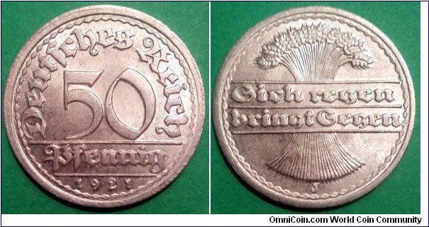 Germany (Weimar Republic) 50 pfennig. 1921 J 