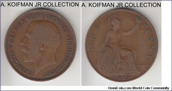 KM-810, 1915 Great Britain penny; bronze, plain edge; George V, fine or almost.