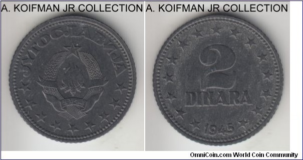 KM-27, 1945 Yugoslavia 2 dinara; zinc, reeded edge; first Federal Republic coinage, 1-year type, uncirculated, dark toned as typical of the zinc.