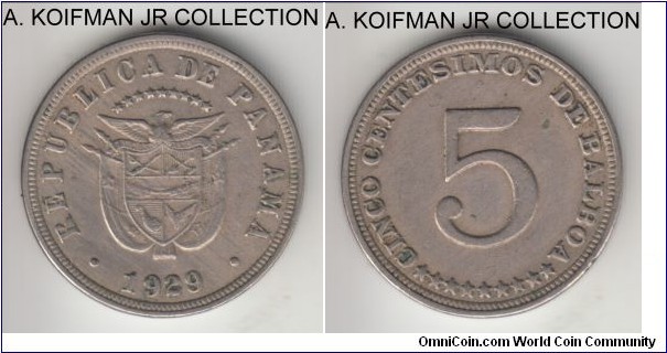KM-9, 1929 Panama 5 centesimos; copper-nickel, plain edge; one year type, toned very fine or so.
