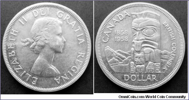 Canada 1 dollar.
1958, 100th Anniversary of British Columbia.
Ag 800. Weight; 23,32g.