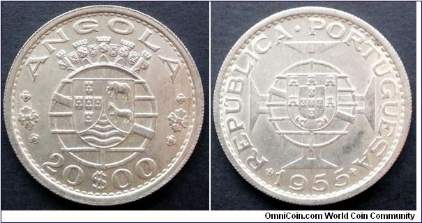 Angola 20 escudos.
1955, Portugal administration. Ag 720. Weight; 10g.