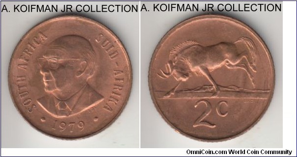 KM-99, 1979 South Africa (Republic) 2 cents; bronze, reeded edge; 1-year circulation commemorative celebrating the end of president Diedrich's term, mostly red uncirculated.
