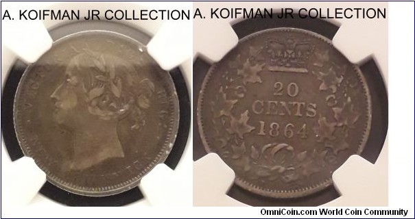 KM-9, 1864 New Brunswick 20 cents; silver, reeded edge; Victoria, 2-year type, small mintage of 150,000, NGC graded VF 30.