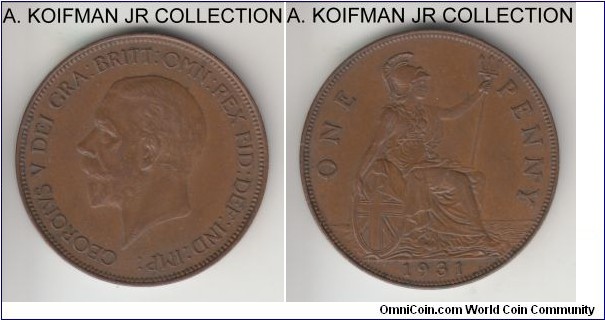 KM-838, 1931 Great Britain penny; bronze, plain edge; George V, brown good extra fine.