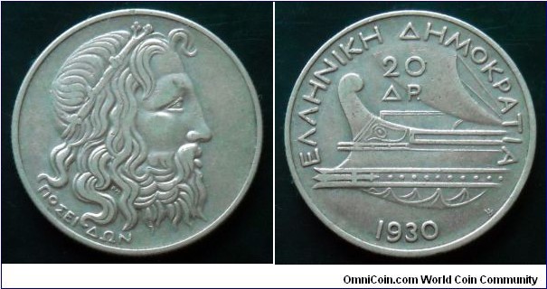Greece 20 drachmai.
1930, Poseidon (ΠΟΣΕΙΔΩΝ) Ag 500. Weight; 11,31g.