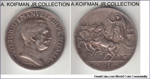KM-57, 1917 Italy (Kingdom) lira, Rome mint (R mint mark); silver, lettered edge; Vittorio Emmanuele III, last year of the type, good very fine.
