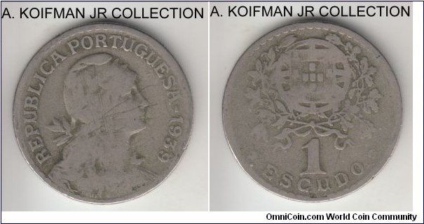 KM-578, 1939 Portugal escudo; copper-nickel, reeded edge; second smallest mintage year, good to very good details, obverse scratches.