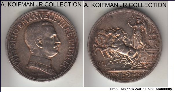 KM-55, 1917 Italy (Kingdom) 2 lire, Rome mint (R mint mark); silver, lettered edge; Vittorio Emmanuele III, scarce last year, nicely toned extra fine or so.