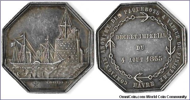 silver jeton struck for the `Compagnie Anonyme des Paquebots a Vapeur de Finistere (Steam Boat company based at Le Havre). It's quite hard to find one of these pieces that hasn't been made into a pendant or fob...or otherwise vandalised. 