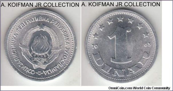 KM-36, 1963 Yugoslavia (Socialist Federal Republic) dinar; aluminum, plain edge; common 1-year type, bright uncirculated.