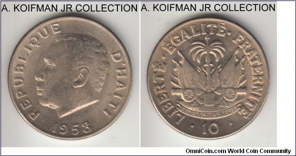 KM-63, 1958 Haiti 10 centimes, Philadelphia mint (USA); copper-nickel, plain edge; 2-year type, yellowish from alloy (apparently lots of copper) uncirculated.