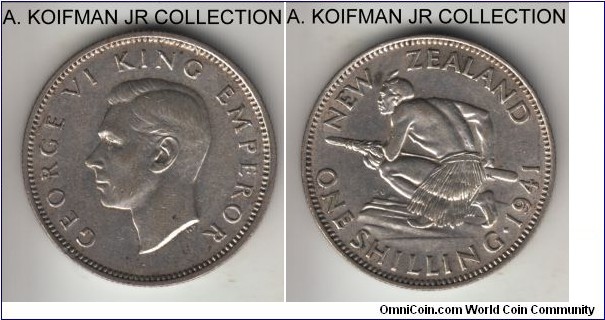 KM-9, 1941 New Zealand shilling; silver, reeded edge; George VI, second smallest mintage, extra fine, may have been lightly cleaned or wiped.
