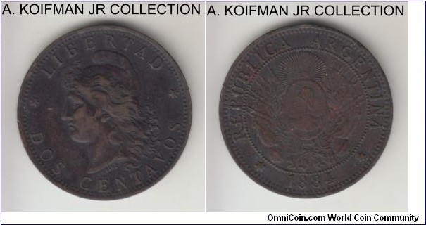 KM-33, 1894 Argentina 2 centavos; bronze, plain edge; dark toned good very fine details, some dirt in the fields.