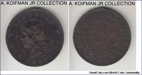 KM-33, 1890 Argentina 2 centavos; bronze, plain edge; well circulated, cleaned, edge bruising and verdigris.