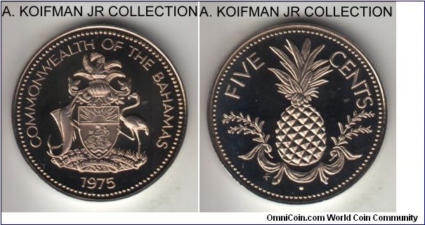 KM-60, 1975 Bahamas 5 cents, Franklin mint (FM mint mark in monogram); proof, copper-nickel, plain edge; cameo bright uncirculated proof, mintage 29,000.