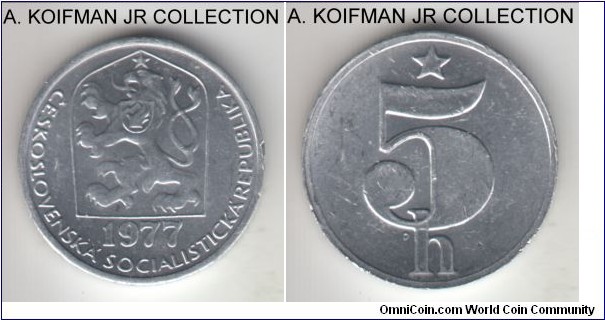 KM-86, 1977 Czechoslovakia 5 haleru; aluminum, plain edge; Socialist state issue, brilliant uncirculated, few flan marks, most likely during the manufacturing process.