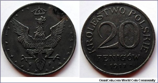 Kingdom of Poland, Królestwo Polskie, Regentschaftskönigreich Polen 20 fenigów. 1917, Iron (F - Stuttgart) (II)