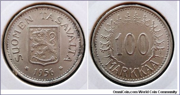 Finland 100 markkaa.
1956, Ag 500. Weigt; 5,2g. Design; Peippo Uolevi Helle. Mintage: 3.012.000 pcs.